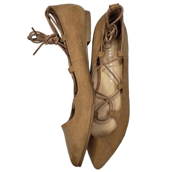 Chinese Laundry | Tan Neutral Vegan Suede Pointed Toe Lace Up Flats Women's 7.5 - Picture 8 of 14
